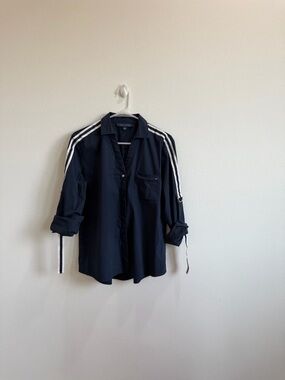Women’s Navy Button-Up Shirt with White Shoulder Stripes size Small